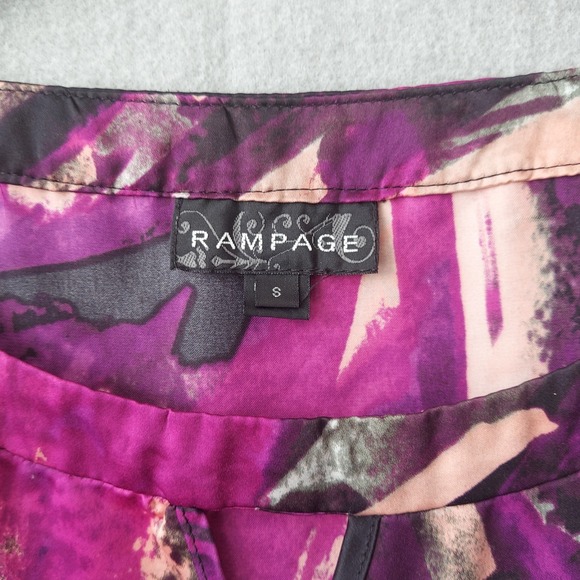 Rampage Satin Faux Wrap Top S Purple Black Boho Y2K Flutter Sleeve Smocked Waist - Picture 9 of 16